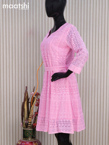 Semi georgette readymade tunic top light pink with allover chikankari work without pant