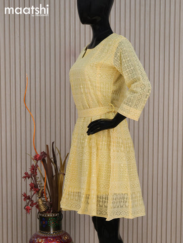 Semi georgette readymade tunic top yellow with allover chikankari work without pant