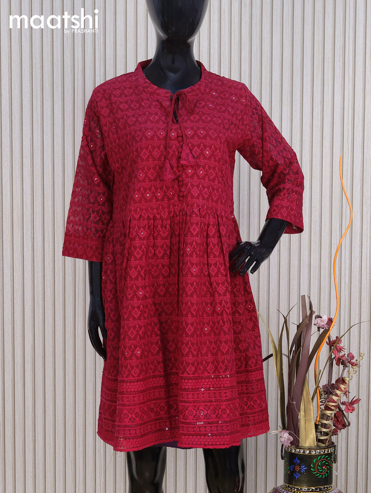 Semi georgette readymade tunic top maroon with allover chikankari work without pant