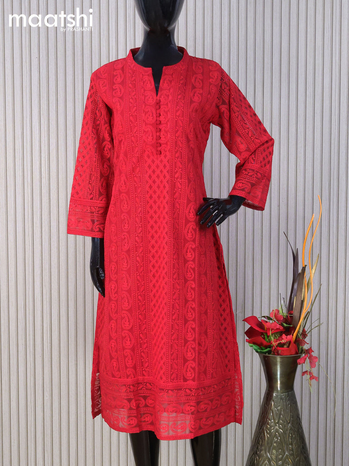 Semi georgette readymade kurti red with allover chikankari work without pant