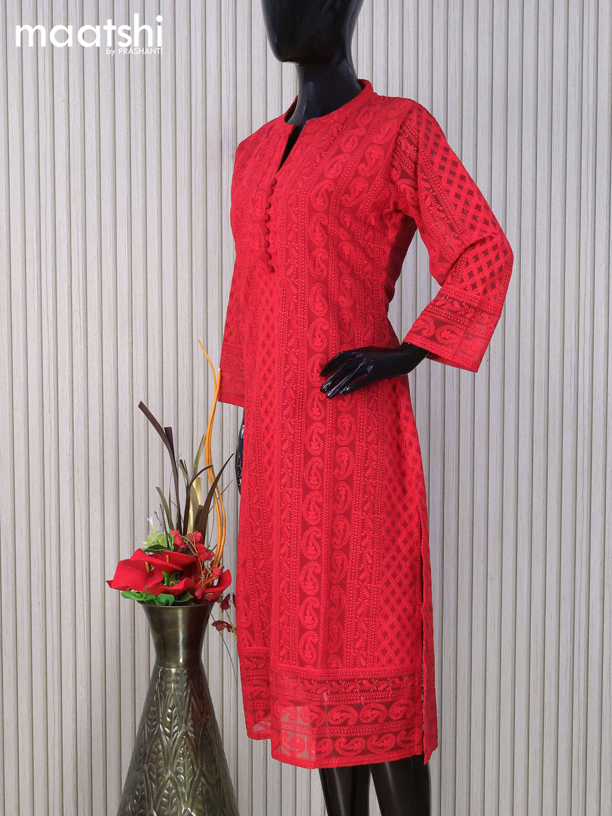 Semi georgette readymade kurti red with allover chikankari work without pant