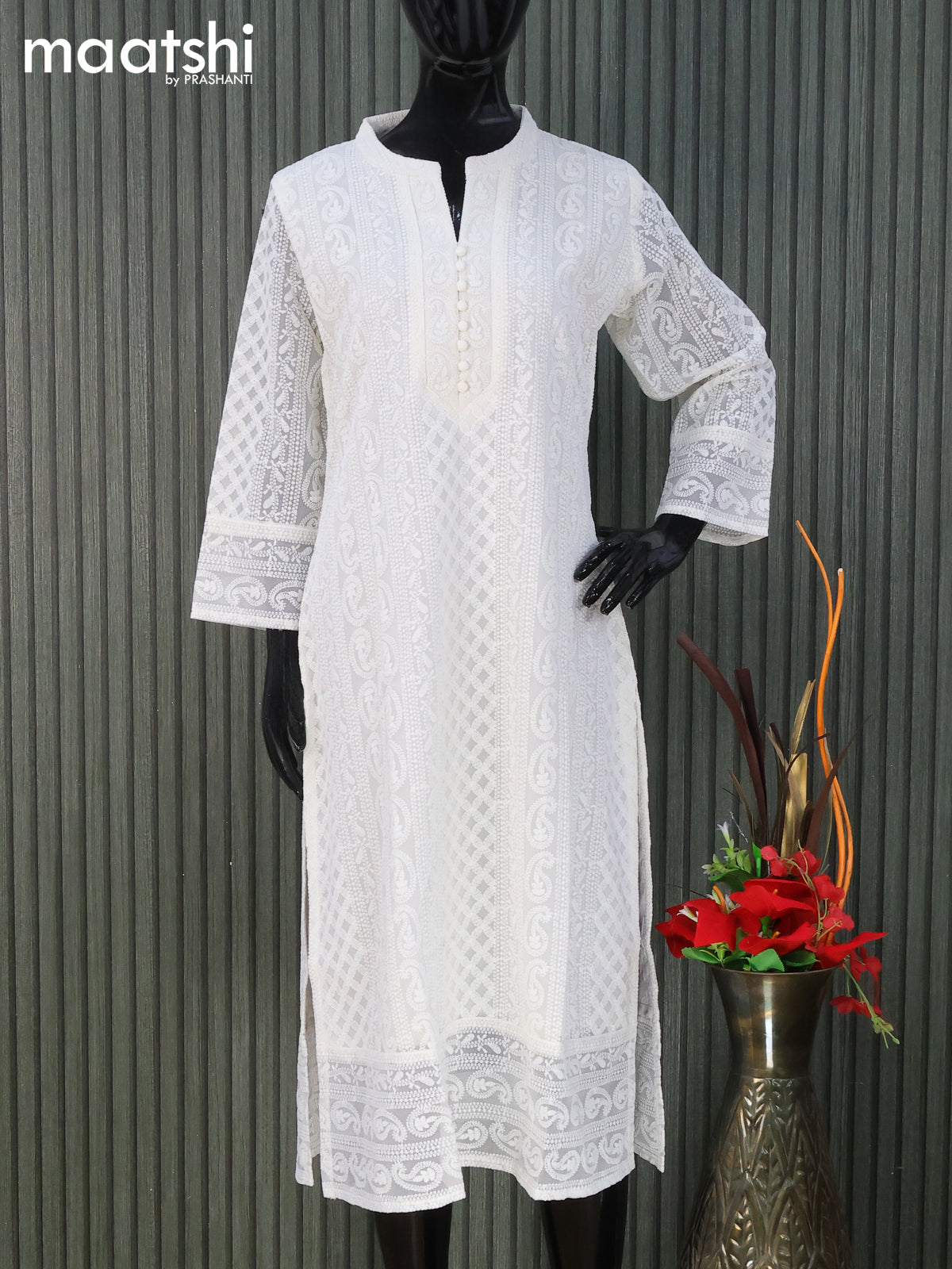 Semi georgette readymade kurti off white with allover chikankari work without pant