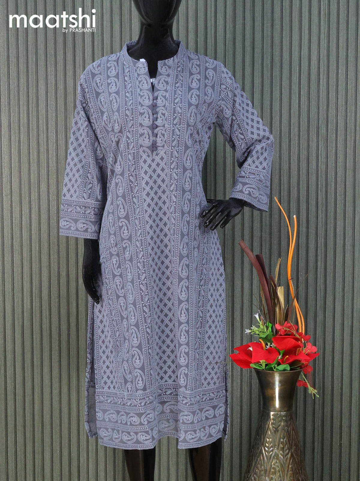 Semi georgette readymade kurti elephant grey with allover chikankari work without pant