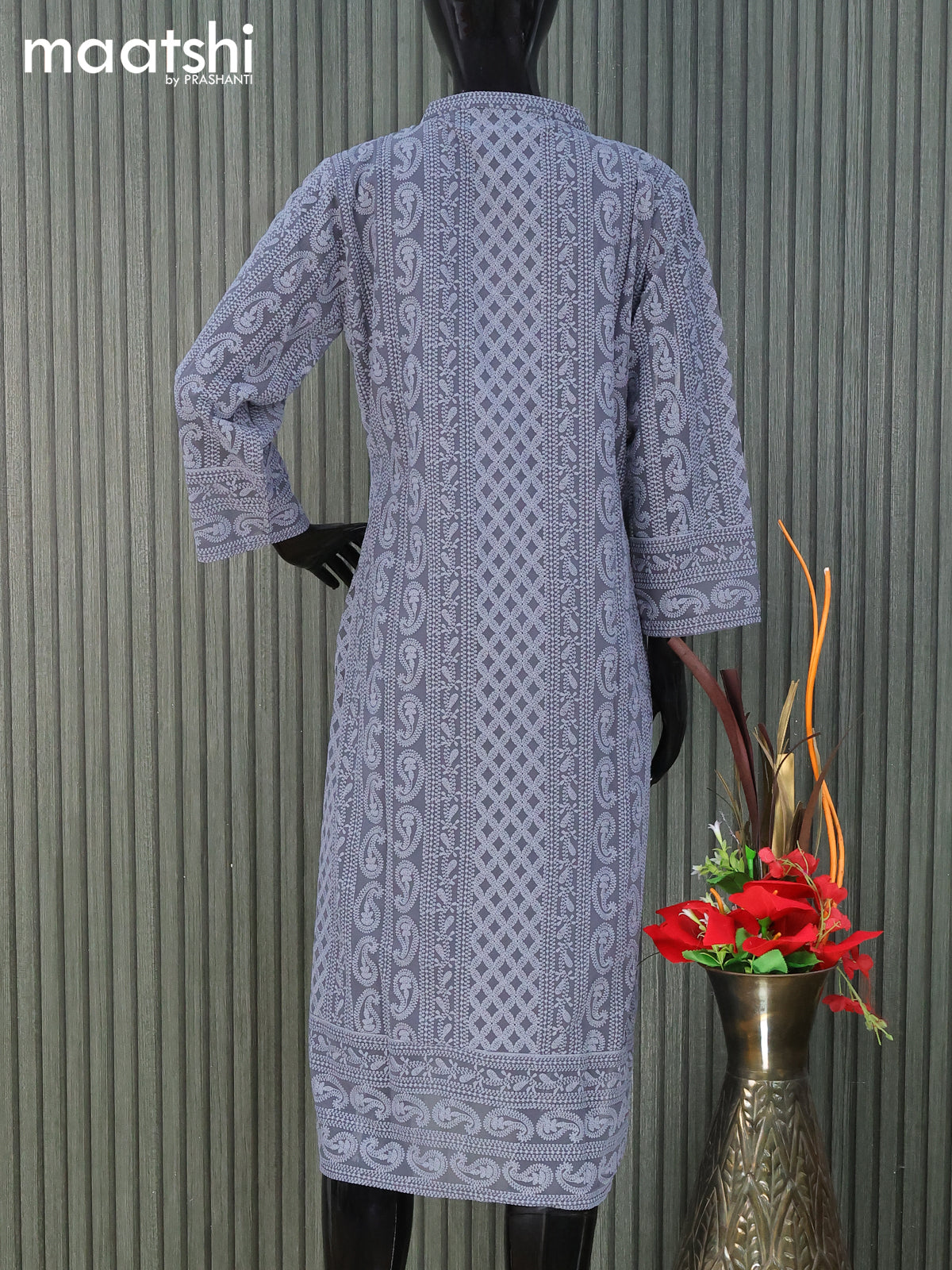 Semi georgette readymade kurti elephant grey with allover chikankari work without pant