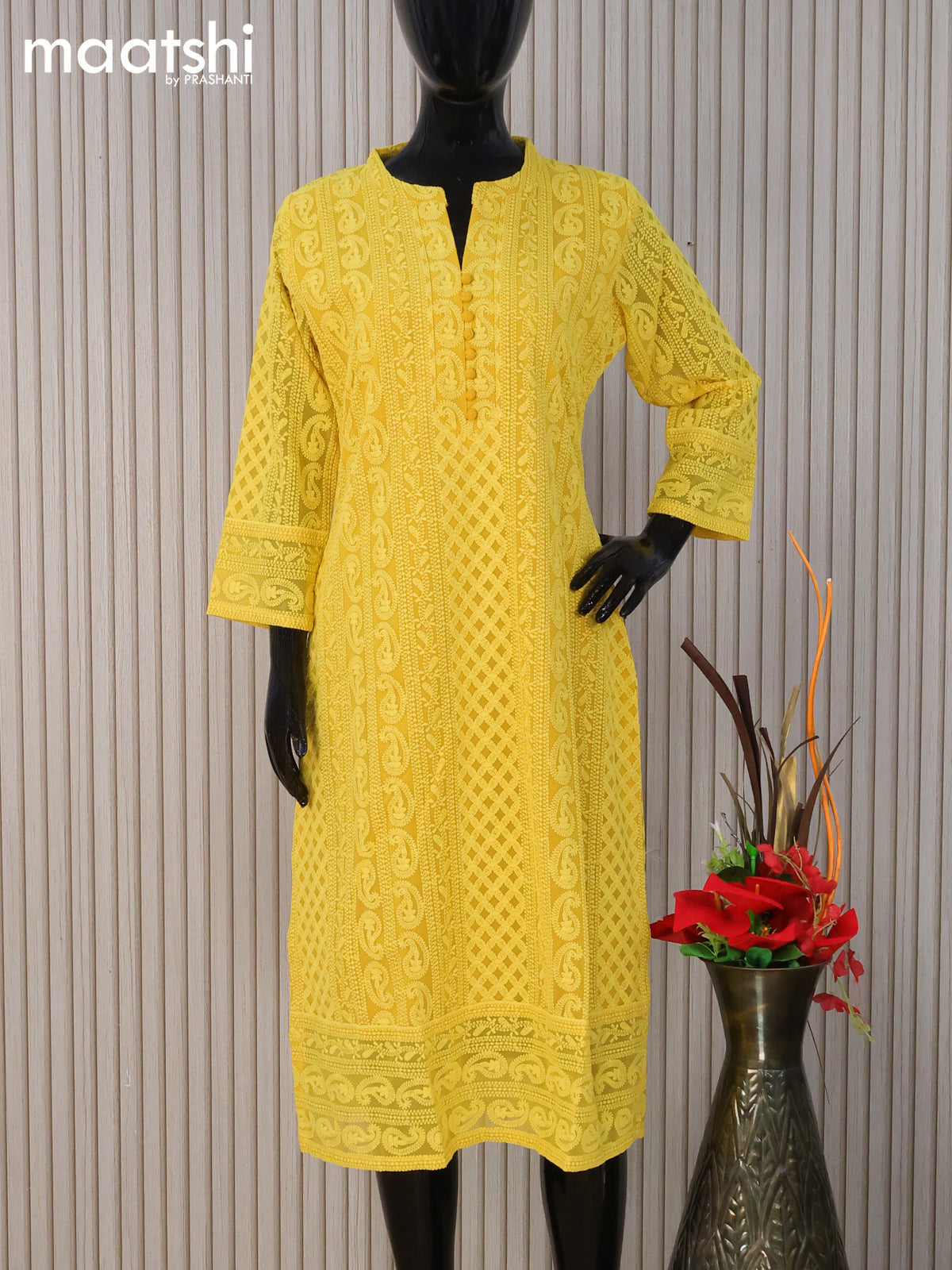 Semi georgette readymade kurti mustard yellow with allover chikankari work without pant