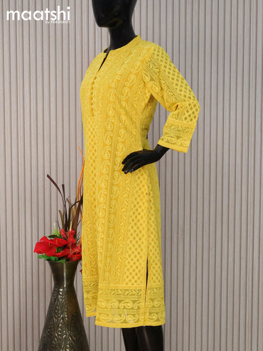 Semi georgette readymade kurti mustard yellow with allover chikankari work without pant