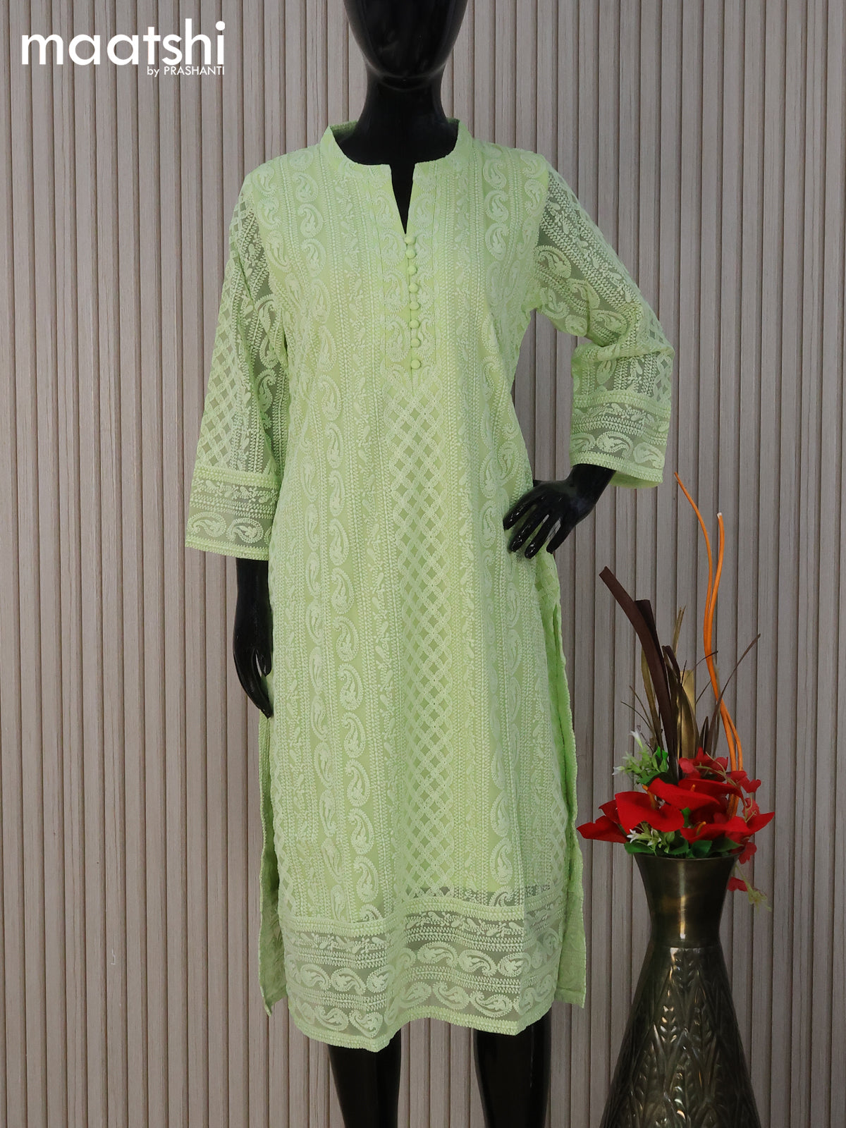 Semi georgette readymade kurti pista green with allover chikankari work without pant