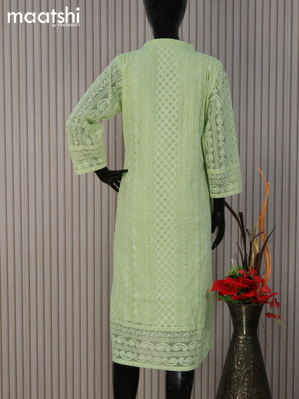 Semi georgette readymade kurti pista green with allover chikankari work without pant