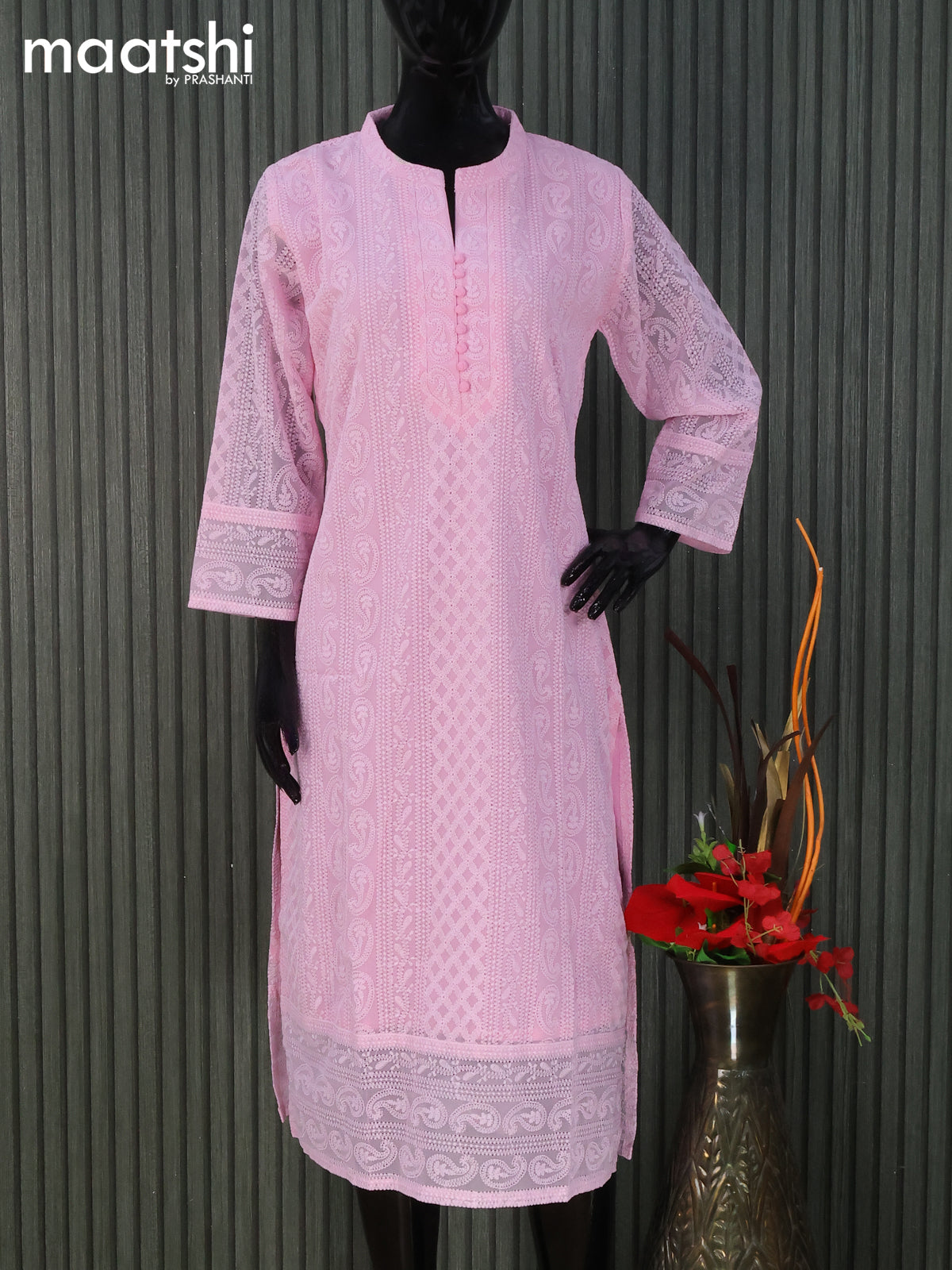 Semi georgette readymade kurti light pink with allover chikankari work without pant