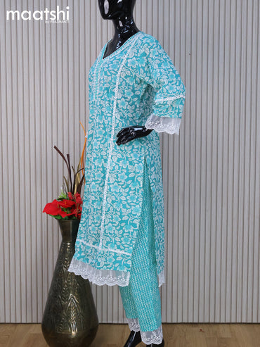 Cotton readymade salwar suit teal blue with allover floral prints & mirror lace work neck pattern and straight cut pant & dupatta