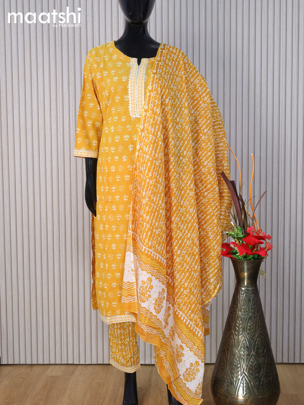 Cotton readymade salwar suit mustard yellow with allover butta prints & gottapatti lace work neck pattern and straight cut pant & dupatta