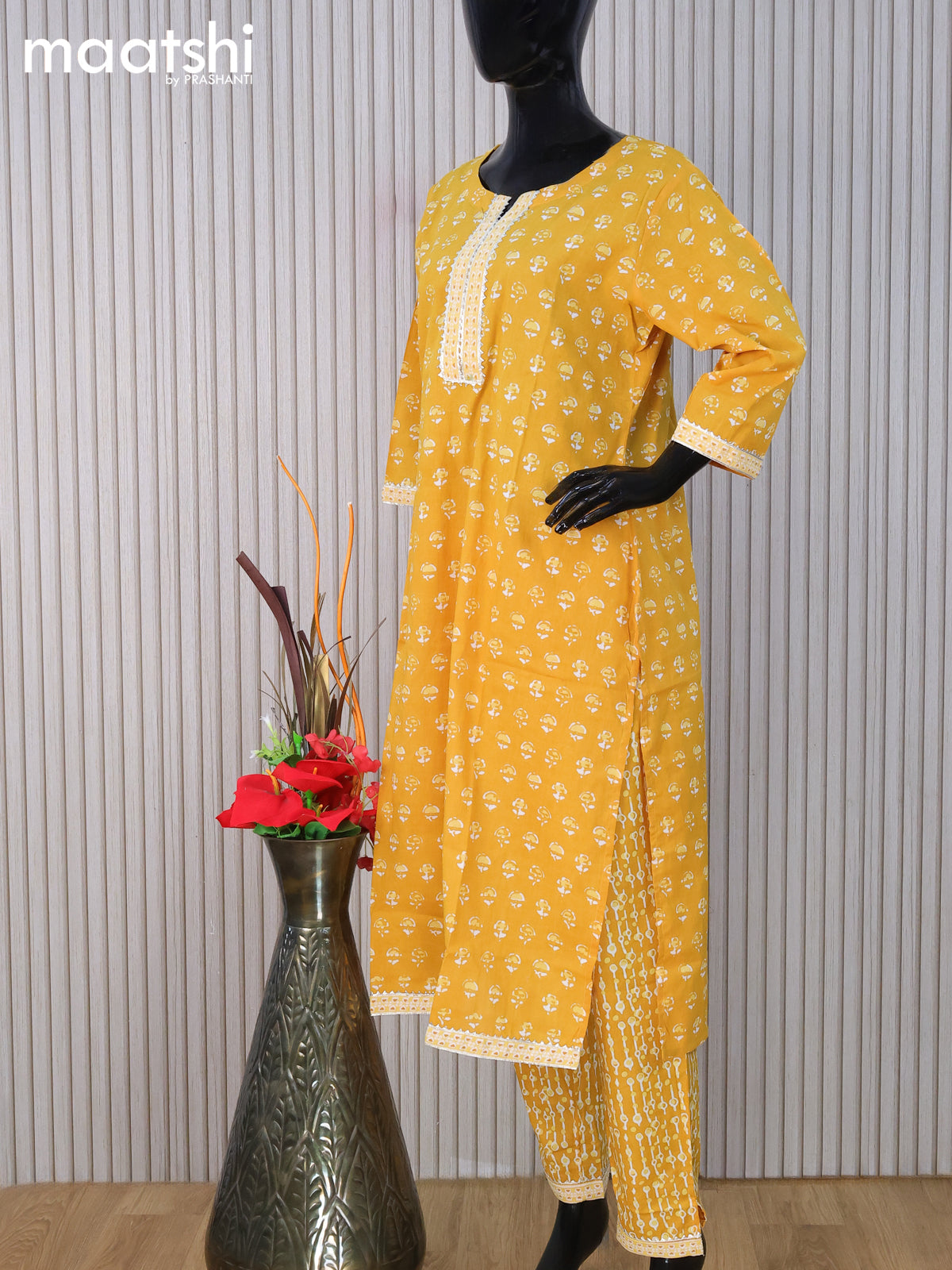 Cotton readymade salwar suit mustard yellow with allover butta prints & gottapatti lace work neck pattern and straight cut pant & dupatta