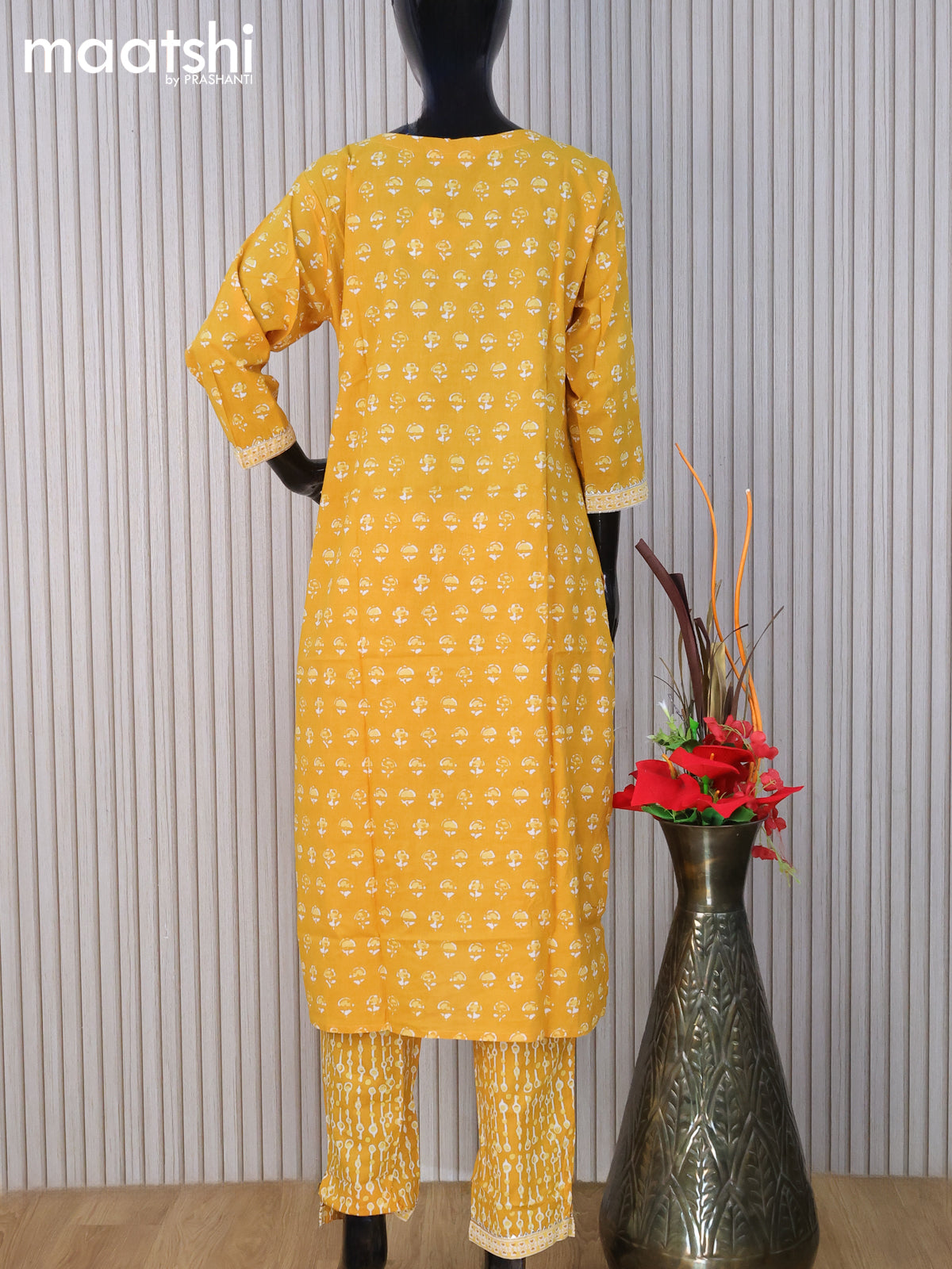 Cotton readymade salwar suit mustard yellow with allover butta prints & gottapatti lace work neck pattern and straight cut pant & dupatta