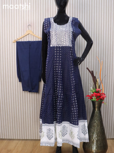 Raw silk readymade anarkali salwar suit dark blue and off white with allover prints & embroidery sequin work neck pattern and straight cut pant & dupatta sleeve attached