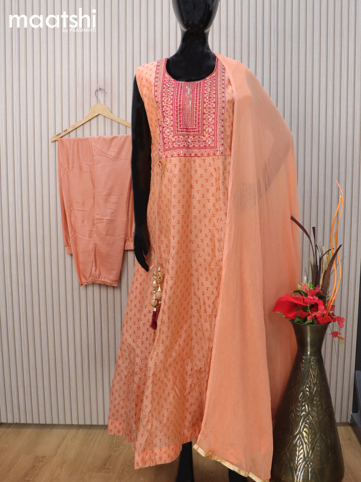 Raw silk readymade anarkali salwar suit peach shade and maroon with allover prints & embroidery sequin work neck pattern and straight cut pant & chiffon dupatta sleeve attached