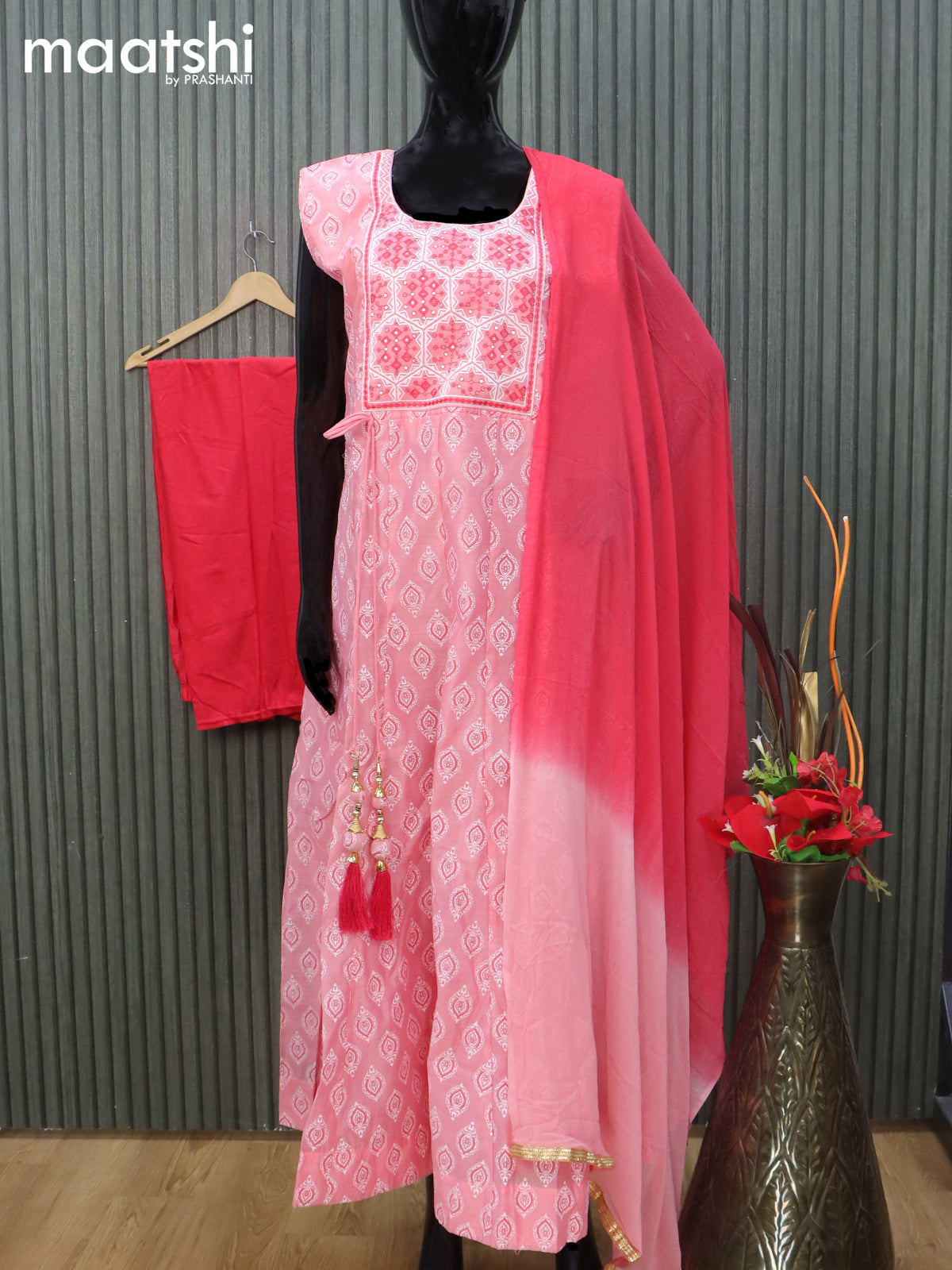 Raw silk readymade anarkali salwar suit light pink and red with allover prints & embroidery sequin work neck pattern and straight cut pant & chiffon dupatta sleeve attached