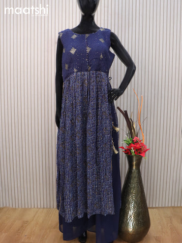 Georgette readymade naira cut salwar suit dark blue with allover prints & embroidery sequin work neck pattern and palazzo pant & dupatta sleeve attached