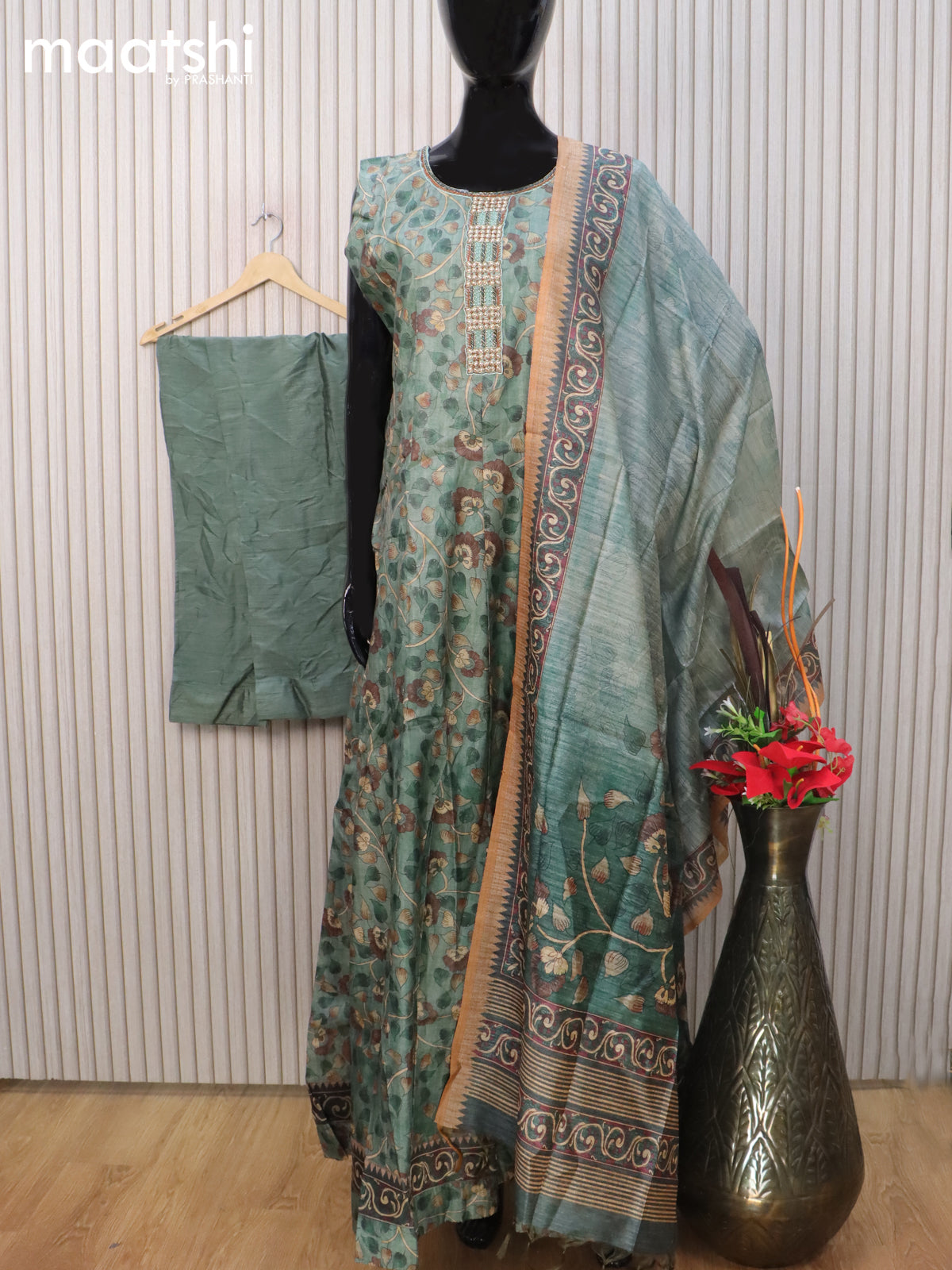 Chanderi readymade anarkali salwar suit green shade with kalamkari prints & beaded work neck pattern and straight cut pant & tussar dupatta sleeve attached