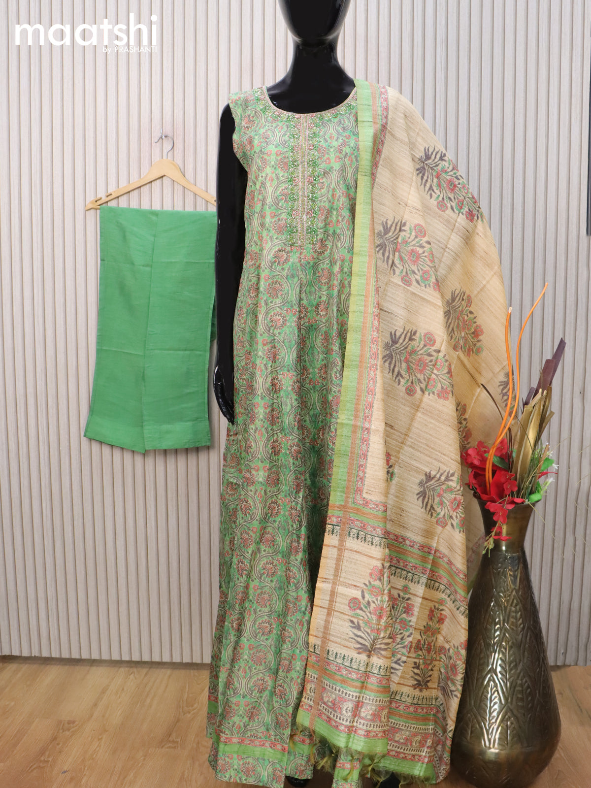 Chanderi readymade anarkali salwar suit green and sandal with allover prints & beaded work neck pattern and straight cut pant & tussar dupatta sleeve attached