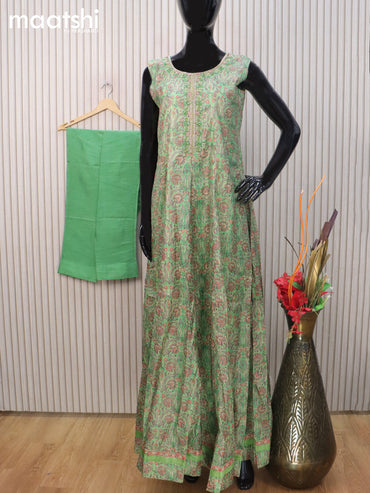 Chanderi readymade anarkali salwar suit green and sandal with allover prints & beaded work neck pattern and straight cut pant & tussar dupatta sleeve attached