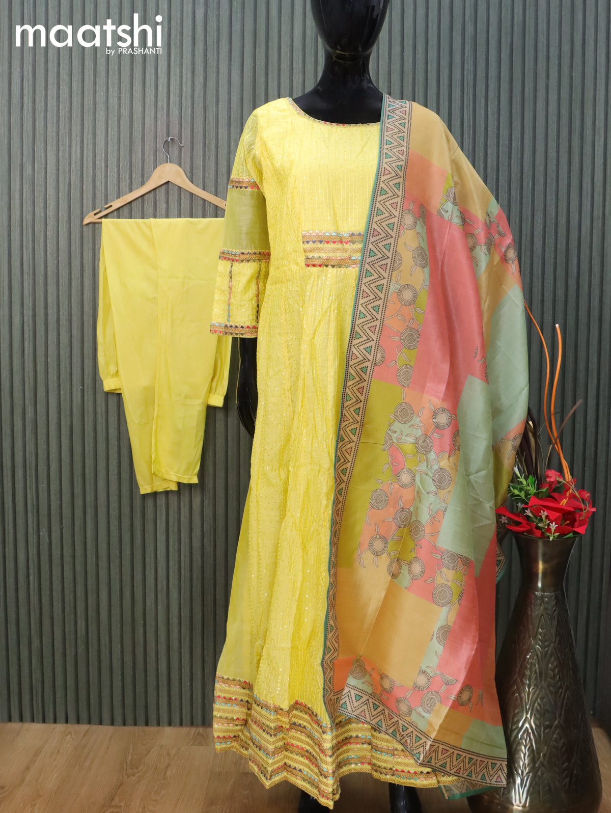 Raw silk readymade anarkali salwar suit yellow with allover embroidery sequin work and straight cut pant & dupatta sleeve attached