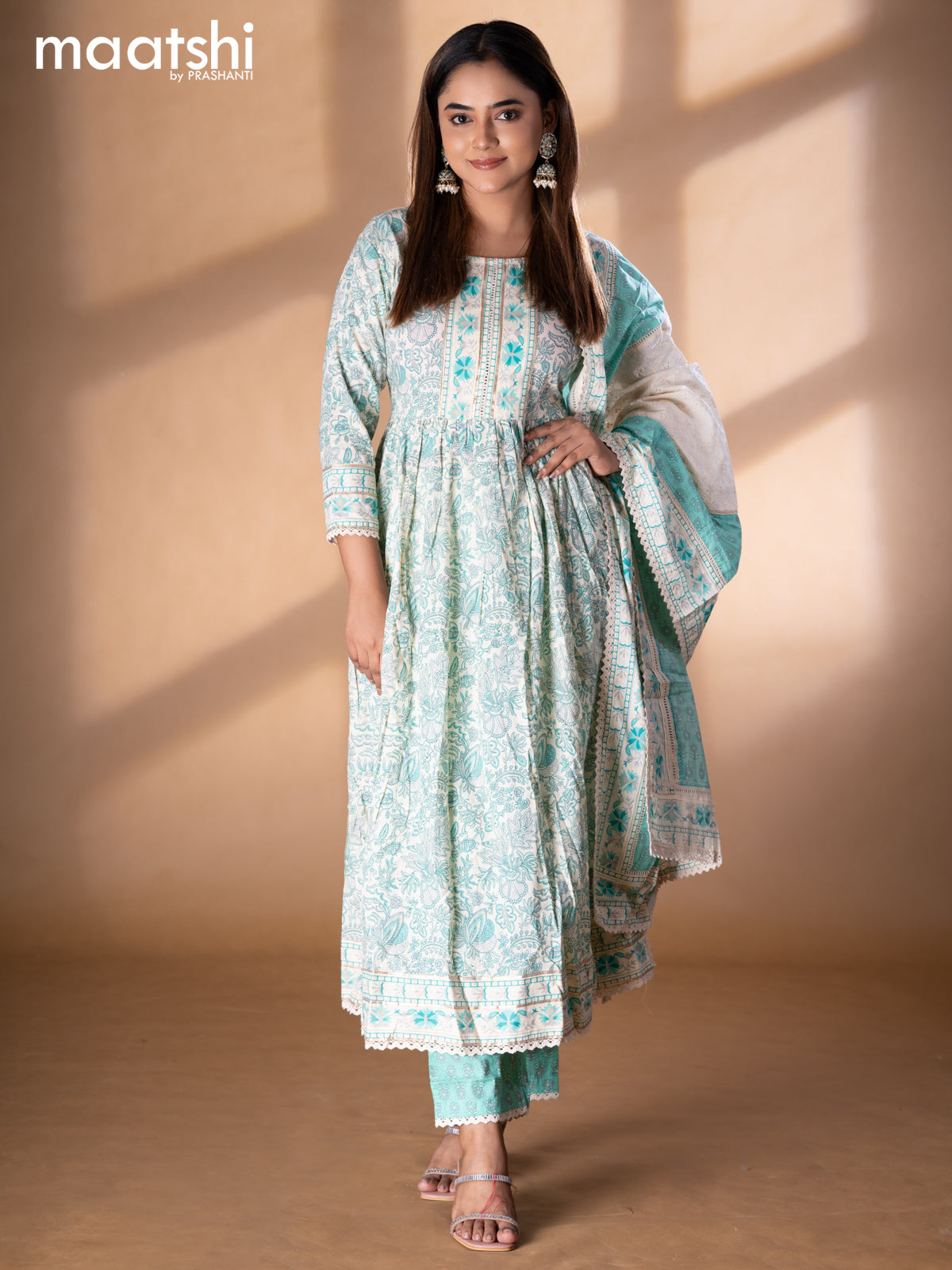 Cotton readymade naira cut kurti cream and teal green with allover floral prints & lace neck pattern and straight cut pant & cut work cotton dupatta