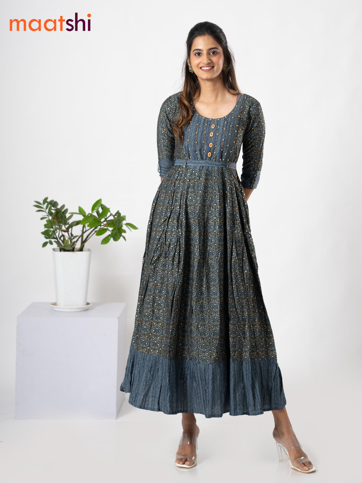 Modal floor length dress chikku shade and pastel blue with allover prints & floral design neck pattern without pant