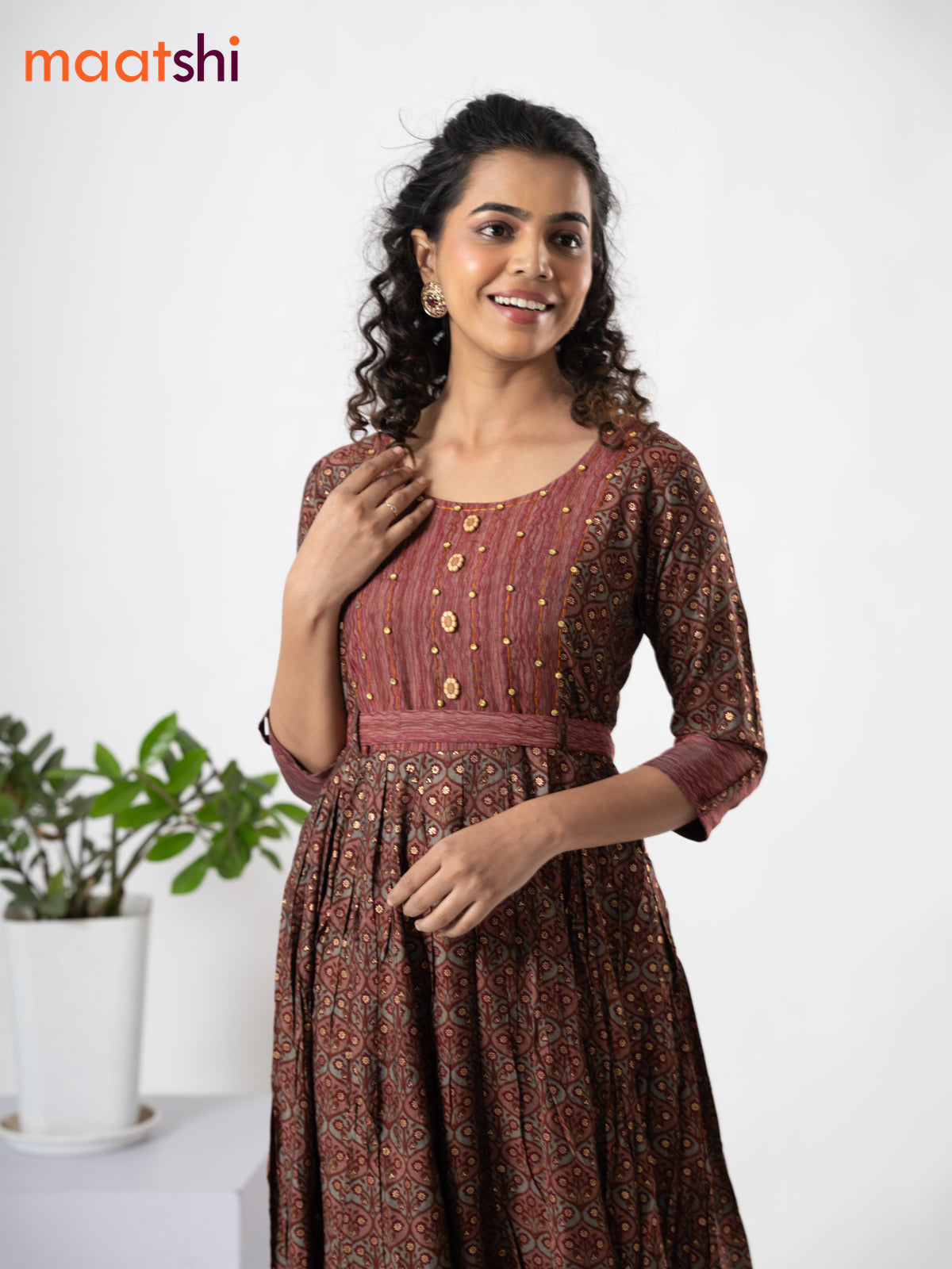 Modal floor length dress maroon and grey shade with allover prints & floral design neck pattern without pant