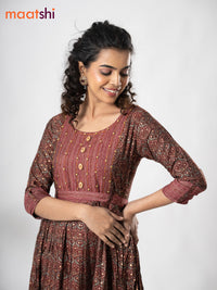 Modal floor length dress maroon and grey shade with allover prints & floral design neck pattern without pant