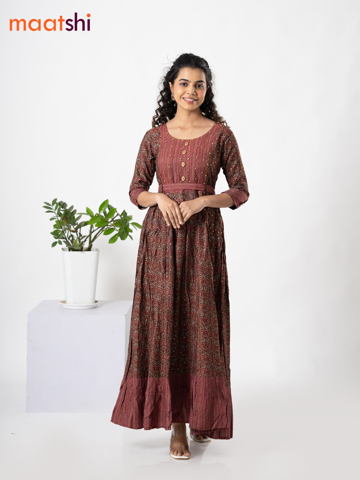 Modal floor length dress maroon and grey shade with allover prints & floral design neck pattern without pant