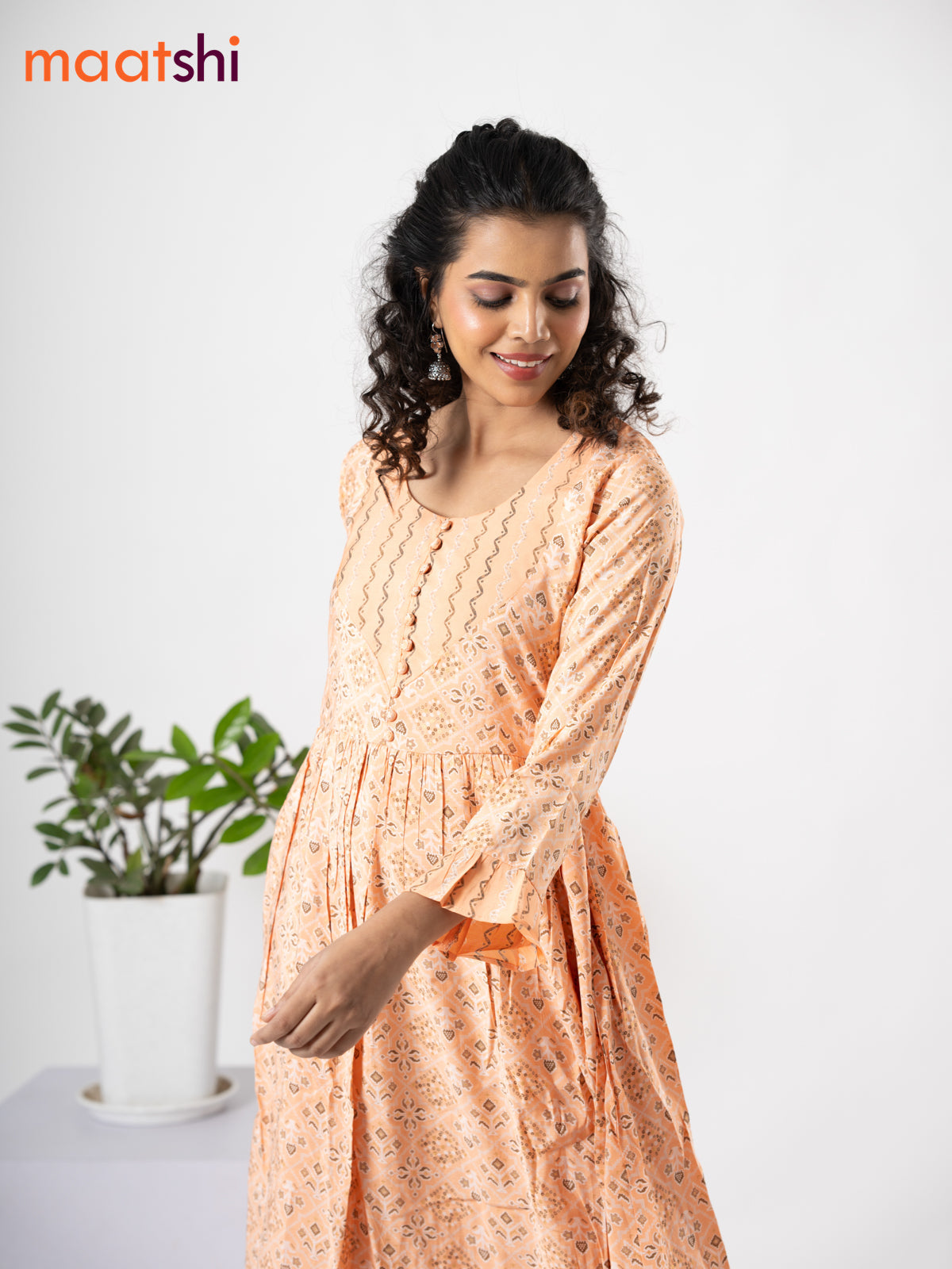 Modal floor length dress peach orange with allover patola prints & patch work neck pattern without pant