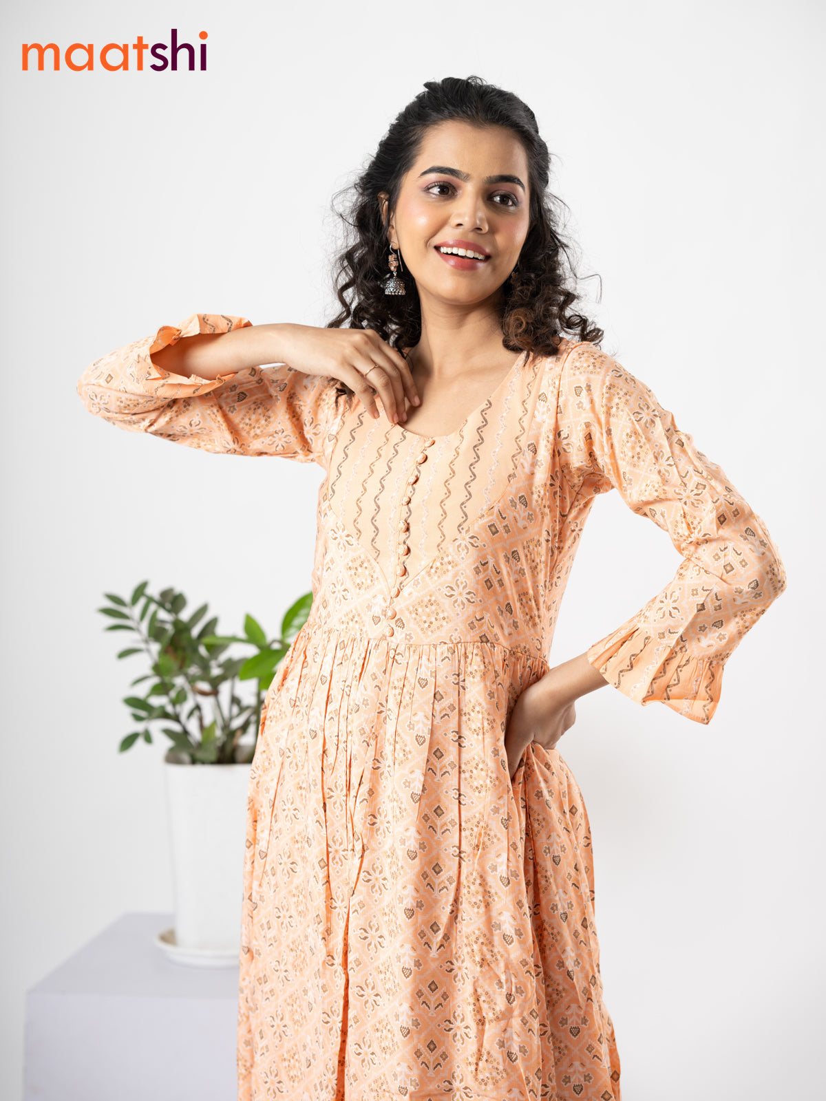 Modal floor length dress peach orange with allover patola prints & patch work neck pattern without pant