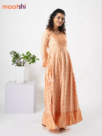 Modal floor length dress peach orange with allover patola prints & patch work neck pattern without pant