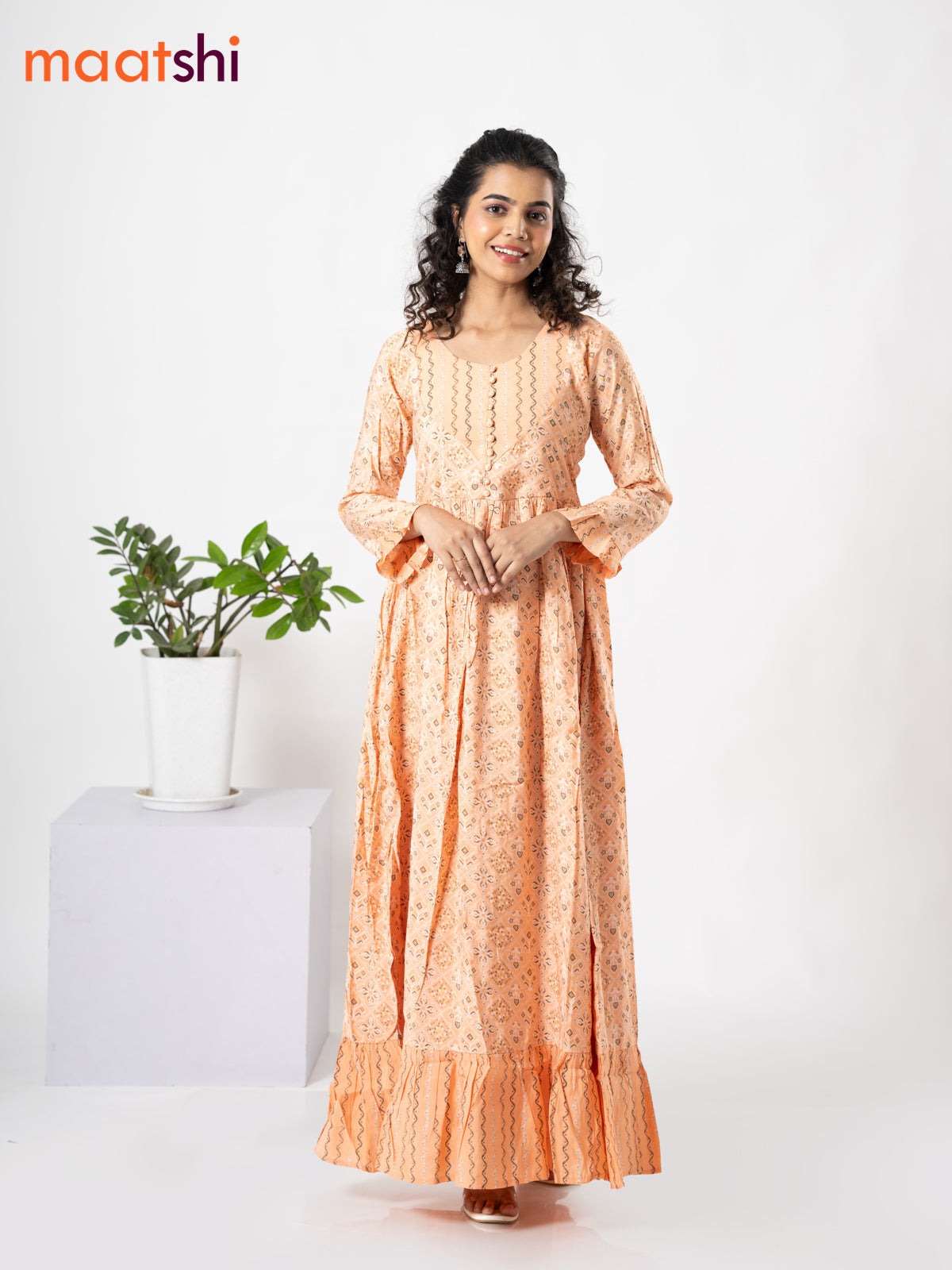 Modal floor length dress peach orange with allover patola prints & patch work neck pattern without pant