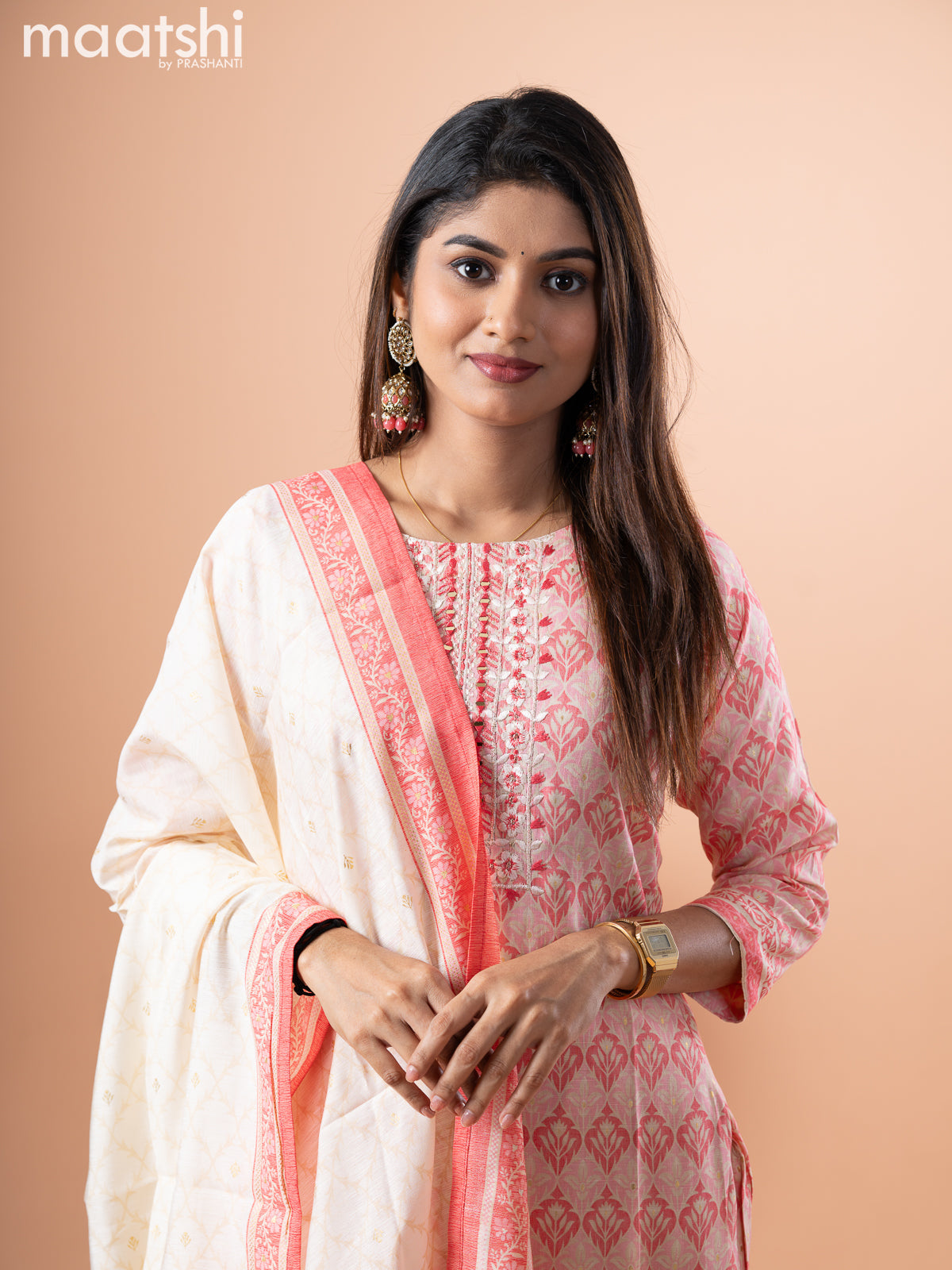 Slub cotton kurti set cream and pink shade with allover prints & embroidery mirror work neck pattern and straight cut pant & printed dupatta