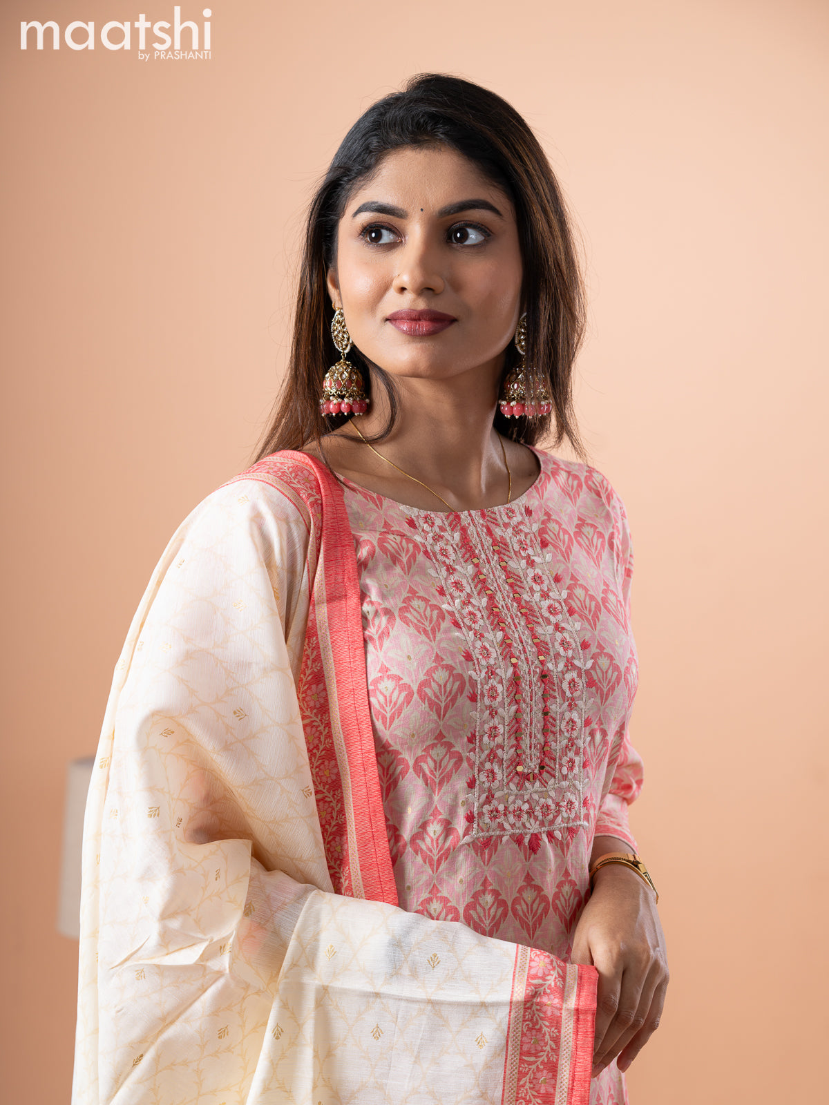 Slub cotton kurti set cream and pink shade with allover prints & embroidery mirror work neck pattern and straight cut pant & printed dupatta