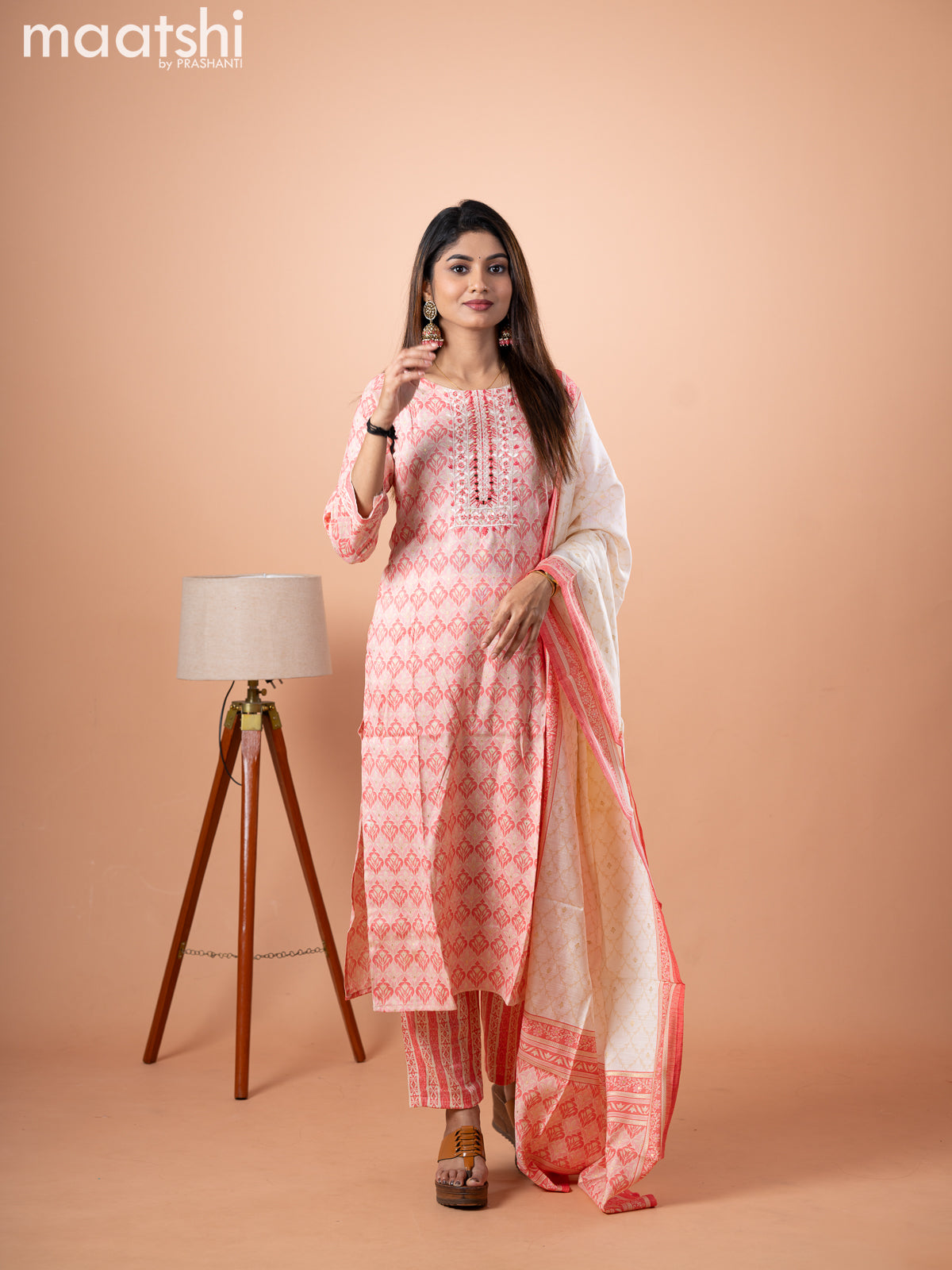 Slub cotton kurti set cream and pink shade with allover prints & embroidery mirror work neck pattern and straight cut pant & printed dupatta