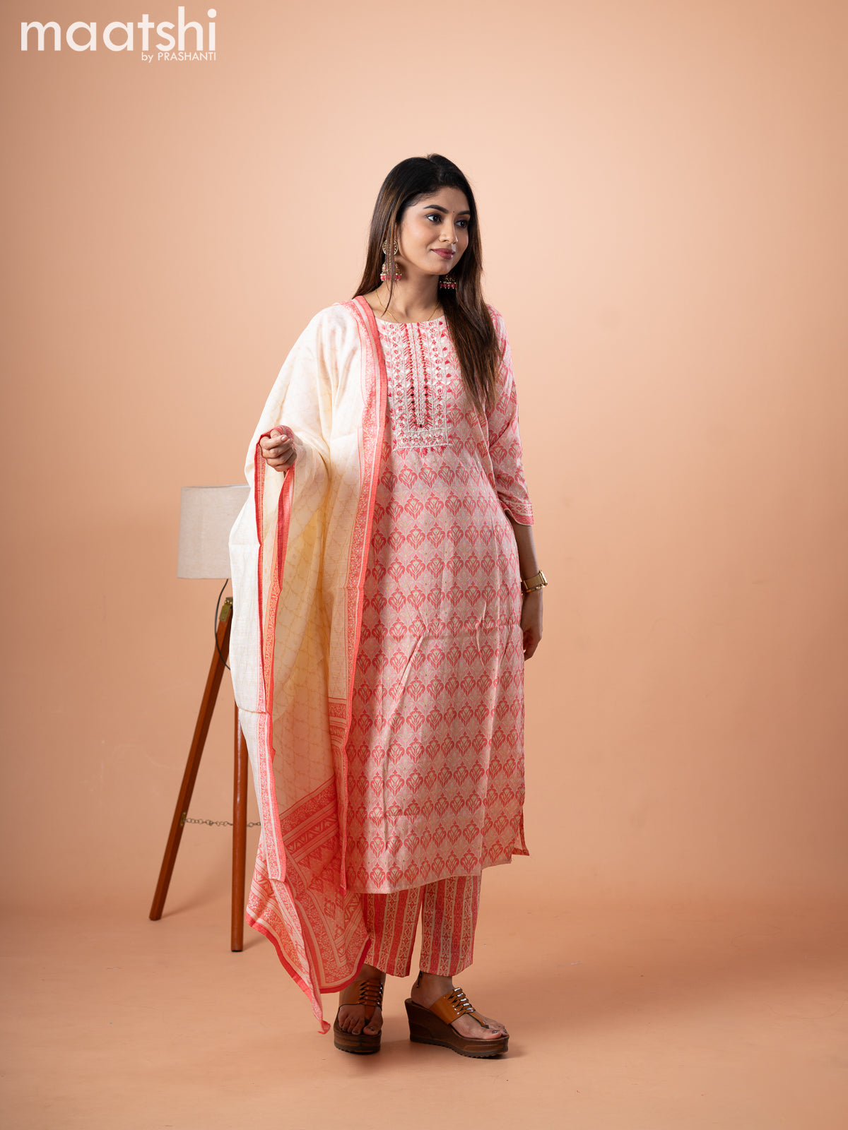 Slub cotton kurti set cream and pink shade with allover prints & embroidery mirror work neck pattern and straight cut pant & printed dupatta