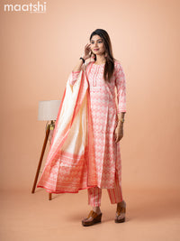 Slub cotton kurti set cream and pink shade with allover prints & embroidery mirror work neck pattern and straight cut pant & printed dupatta