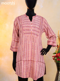 Rayon readymade short kurti peach pink with allover prints & beaded work simple neck pattern without pant