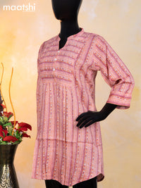 Rayon readymade short kurti peach pink with allover prints & beaded work simple neck pattern without pant