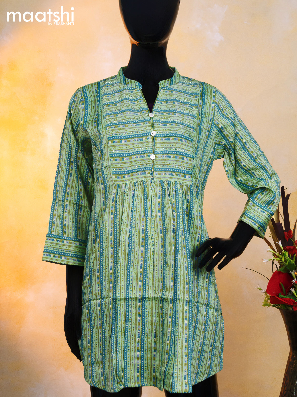 Rayon readymade short kurti pista green and blue with allover prints & beaded work simple neck pattern without pant