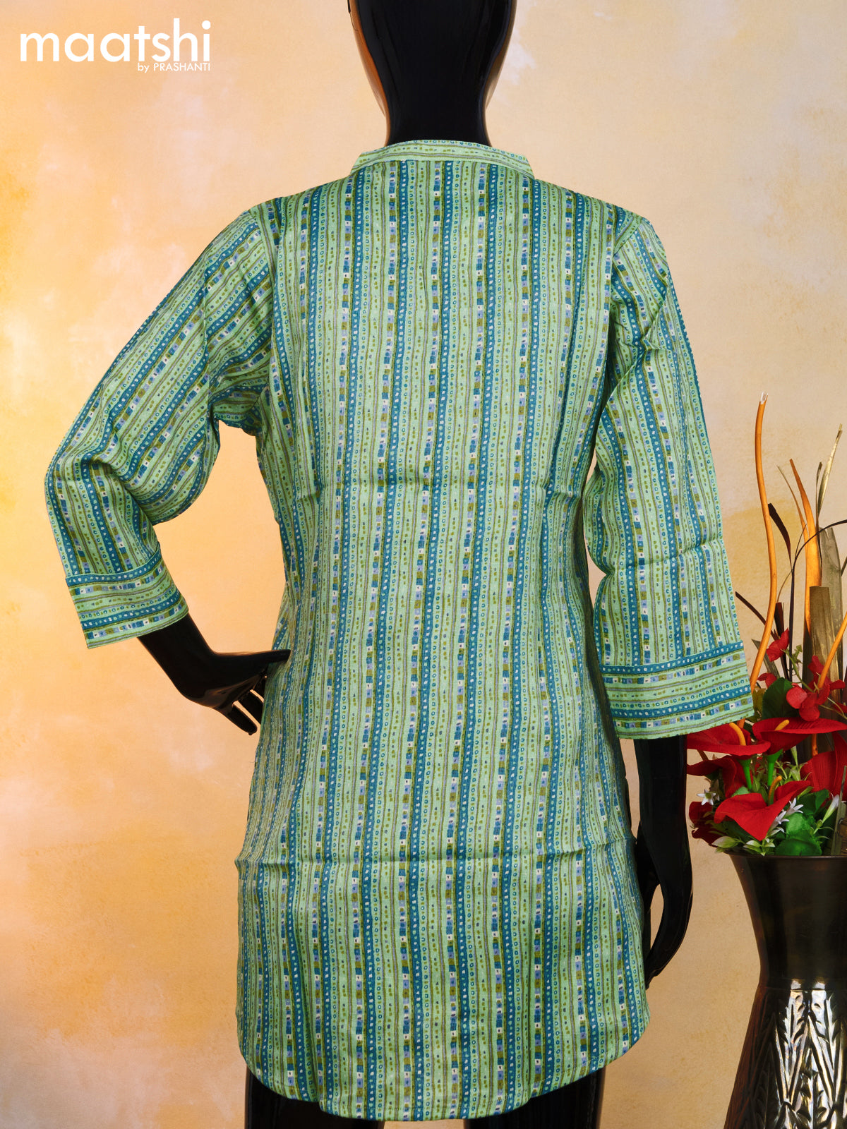 Rayon readymade short kurti pista green and blue with allover prints & beaded work simple neck pattern without pant