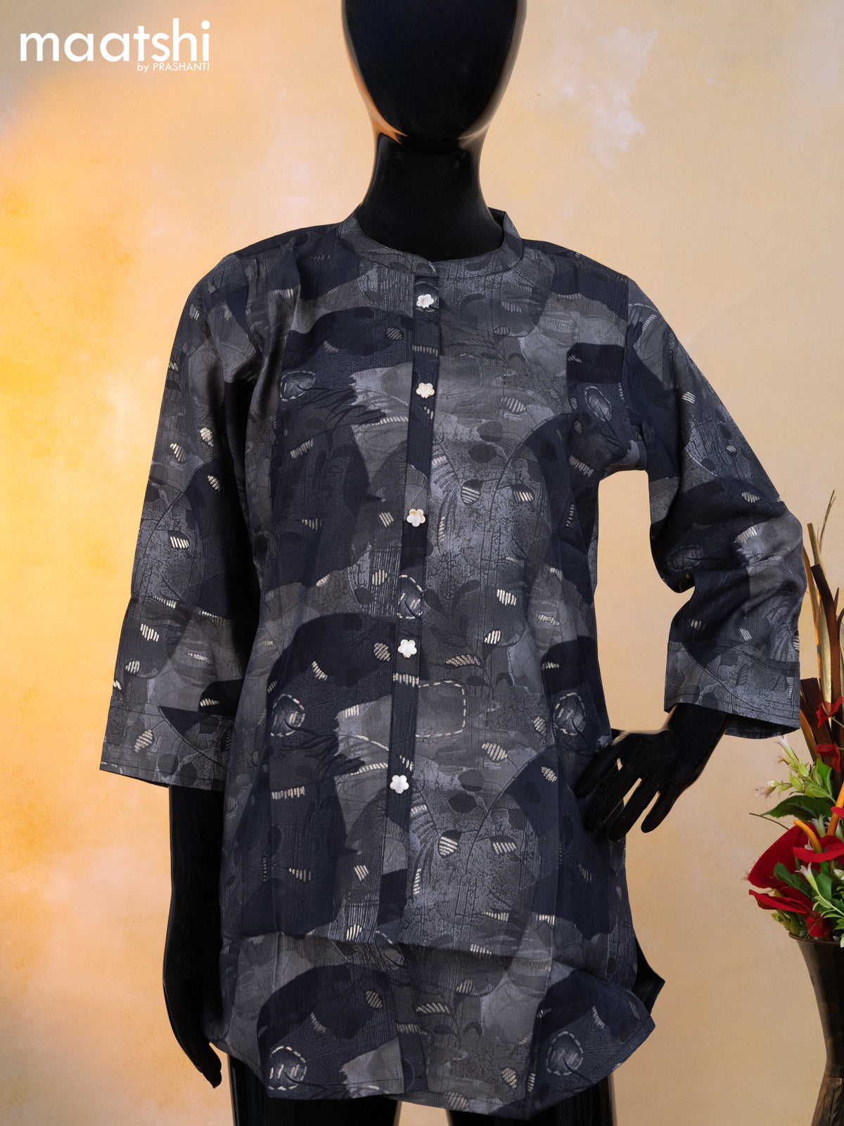 Modal readymade short kurti elephant grey with allover prints & simple neck pattern without pant