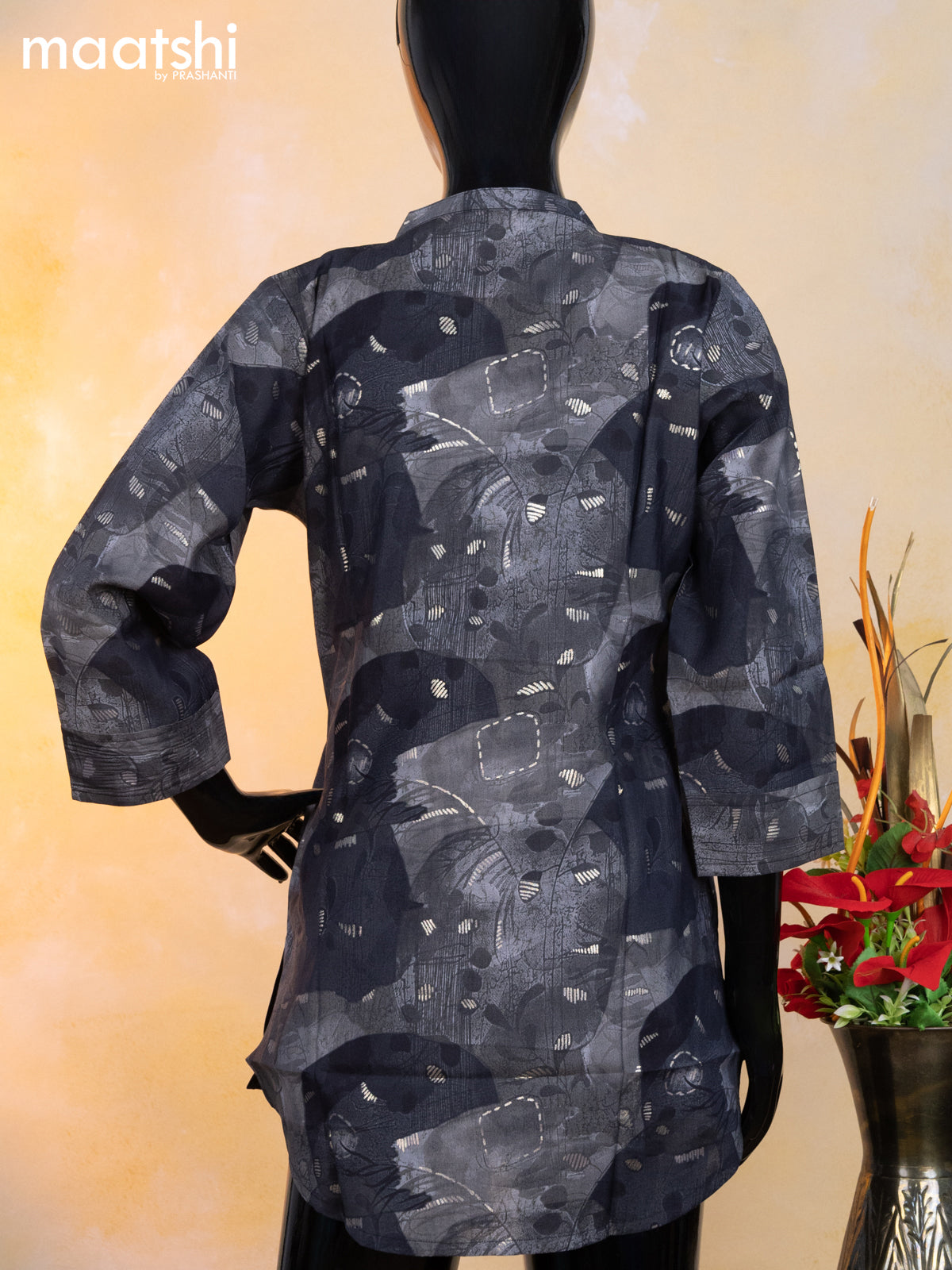 Modal readymade short kurti elephant grey with allover prints & simple neck pattern without pant