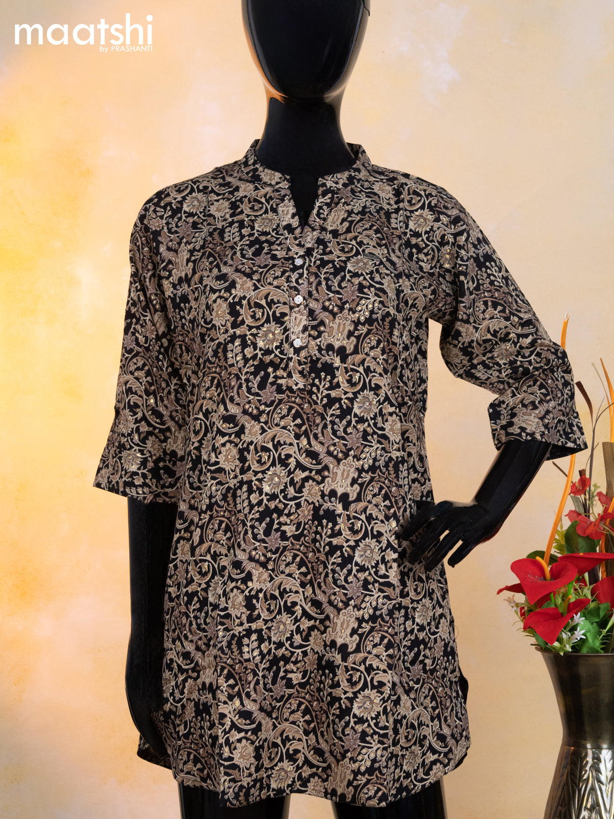 Cotton readymade short kurti black and beige with alover floral prints & simple neck pattern without pant