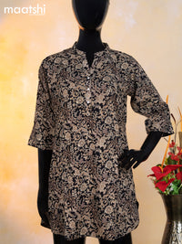 Cotton readymade short kurti black and beige with alover floral prints & simple neck pattern without pant