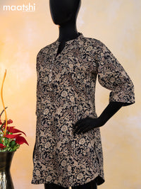 Cotton readymade short kurti black and beige with alover floral prints & simple neck pattern without pant