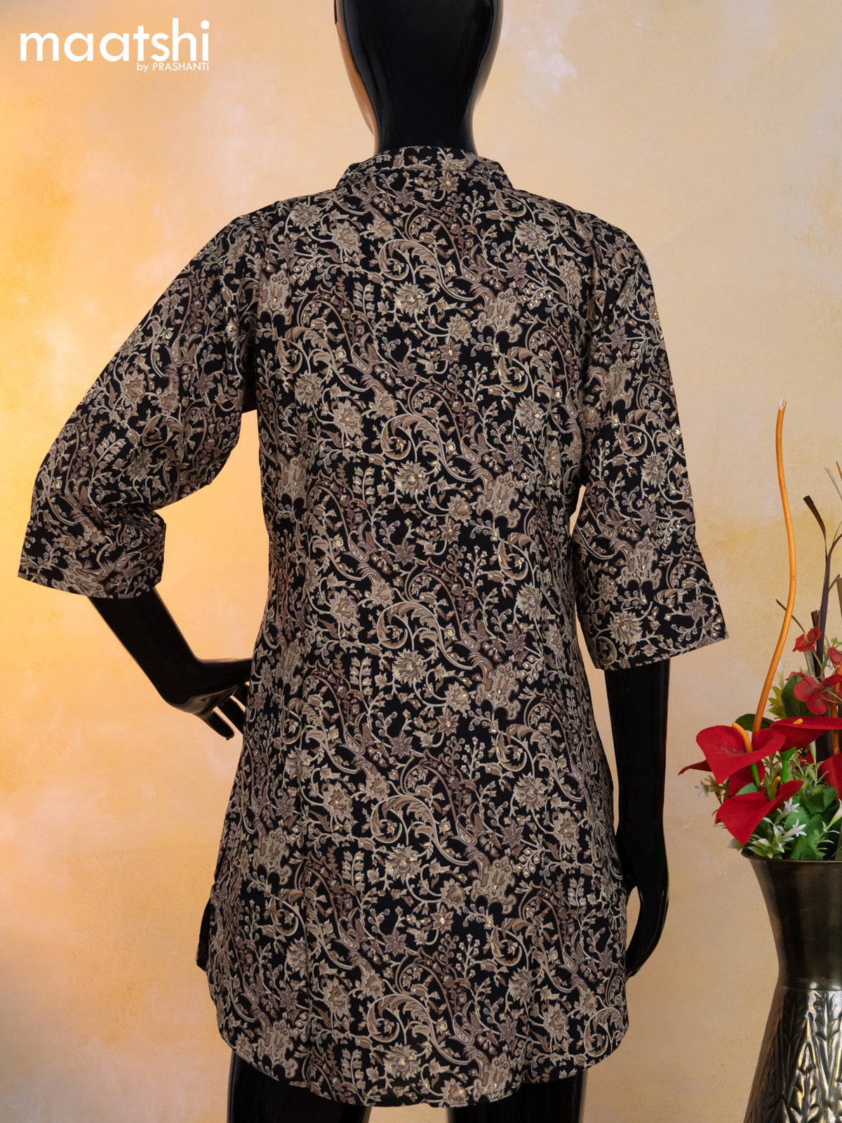 Cotton readymade short kurti black and beige with alover floral prints & simple neck pattern without pant