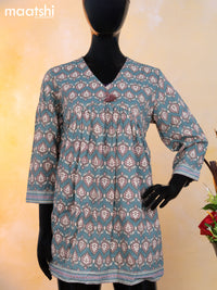 Cotton readymade short umbrella kurti pastel blue and pastel pink with allover prints & alia cut neck pattern without pant